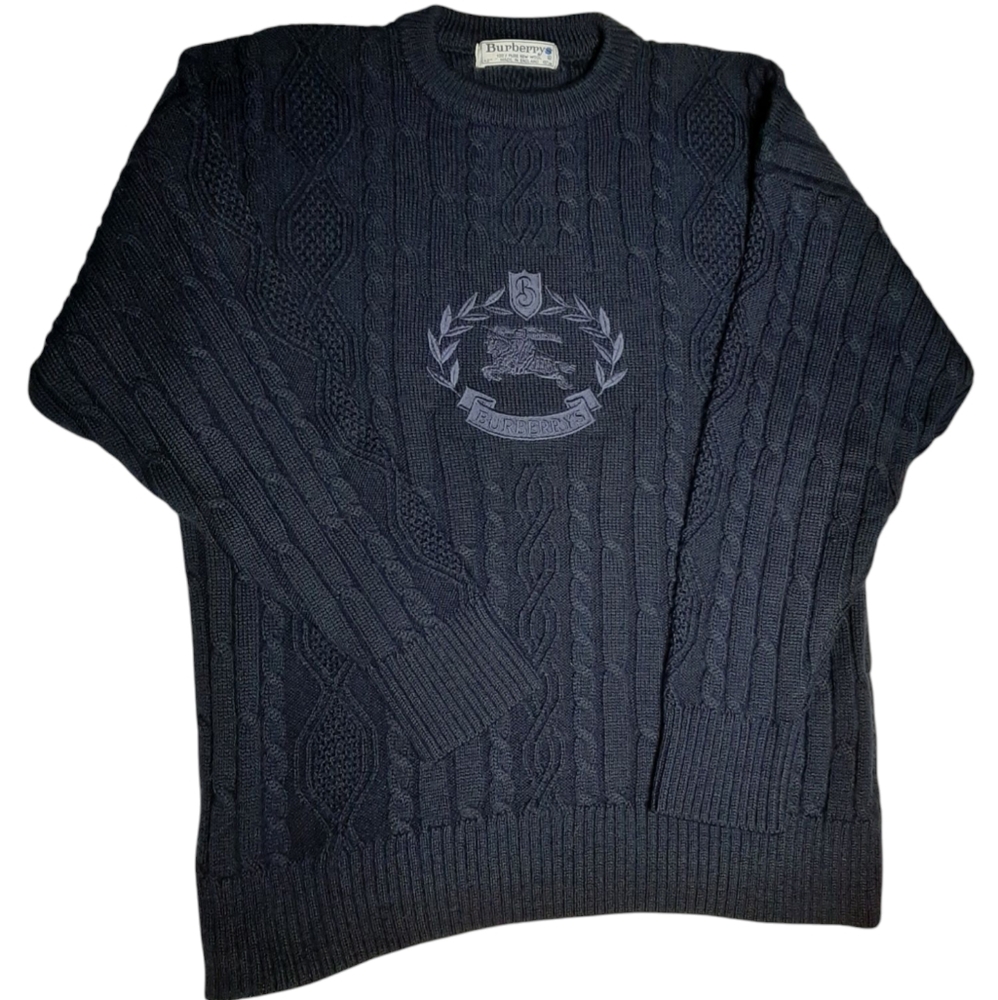 90s Burberry | Prorsum Equestrian Knight | Wool Big Logo | Cable Knit Sweater - Picture 3 of 10